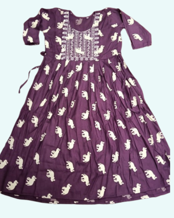 Plum Elephant Print Embroidered Frock-Style Top