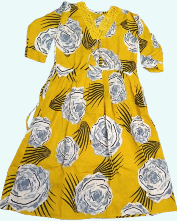 Yellow Frock-Style Top with White & Black Floral Print and Lace V-Neck (3/4 Sleeves)