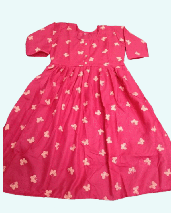 Pink Frock-Style Top with Cream Butterfly Print (3/4 Sleeves)