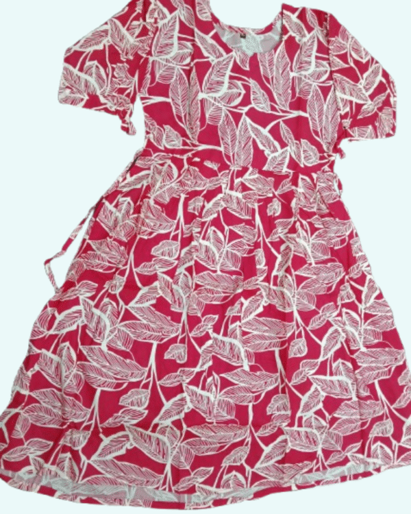Pink Cotton Frock-Style Top with White Leaf Design (3/4 Sleeves)